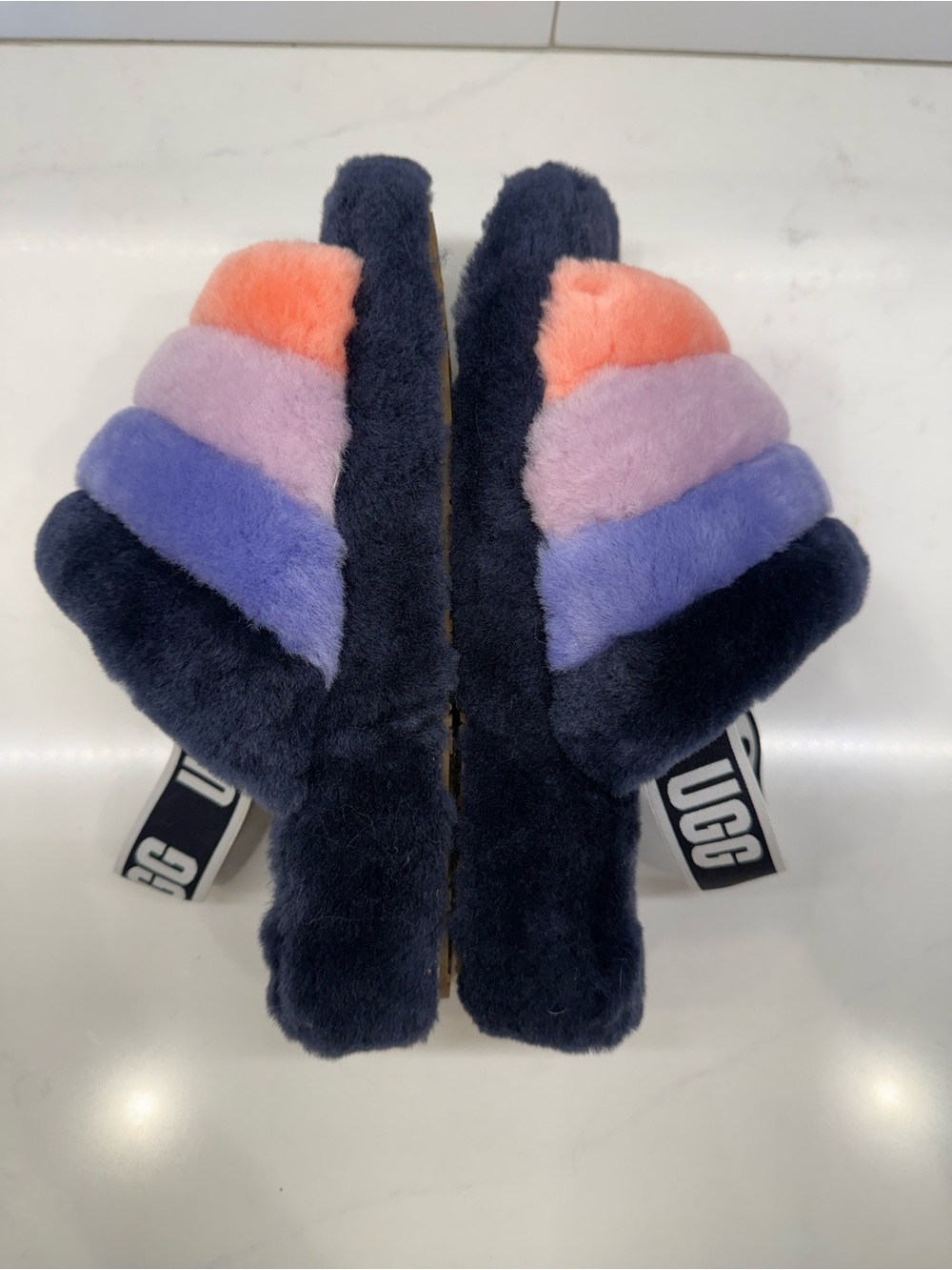 UGG Multicolor Fluff Slide Sandals in Navy, Coral, Lavender & Periwinkle